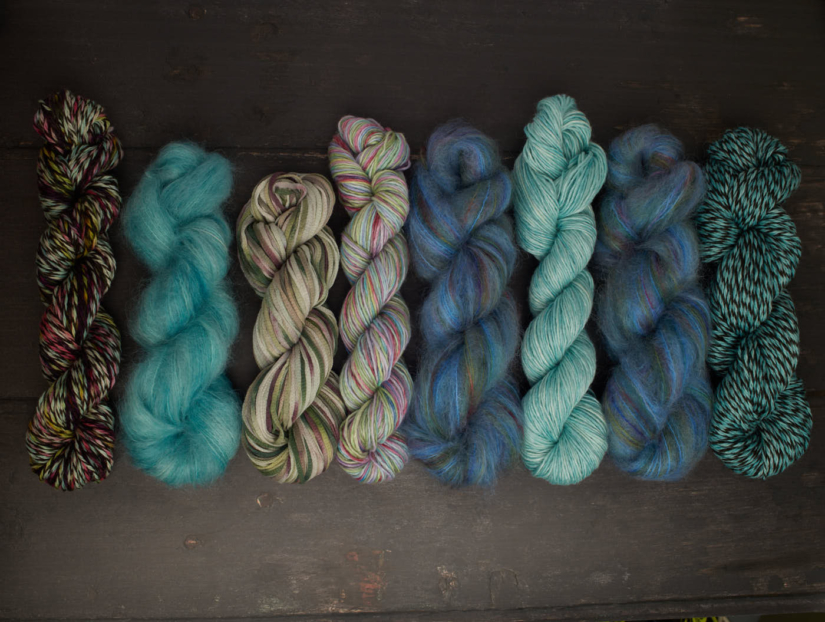 colinette yarns hand dyed throw kits free spirit Tidal traces skeins