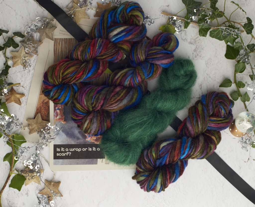 colinette yarns hand dyed yarn Christmas is it a wrap or is it a scarf- wrap or scarf both pease pudding main shawl