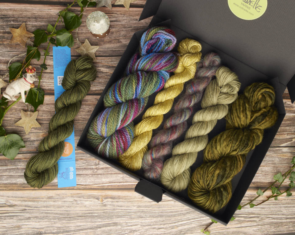 colinette yarns hand dyed yarn Christmas boxes shades green