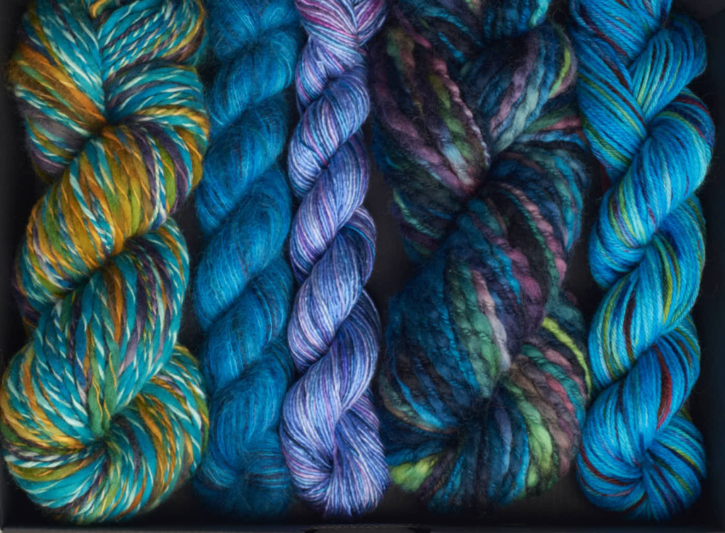 colinette yarns hand dyed yarn Christmas boxes shades blues-closeup